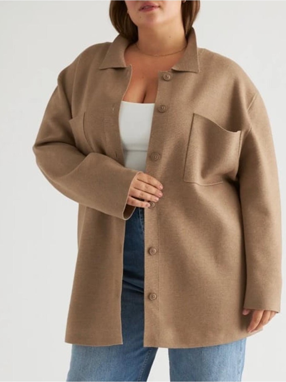 NWT Quince Eco-Knit Milano Stitch Oversized Shirt Jacket: Warm Taupe L